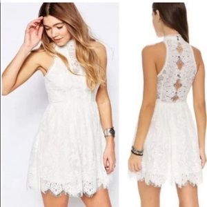 White Free people Lace high neck, button back, fitted waist, pearl colored dress